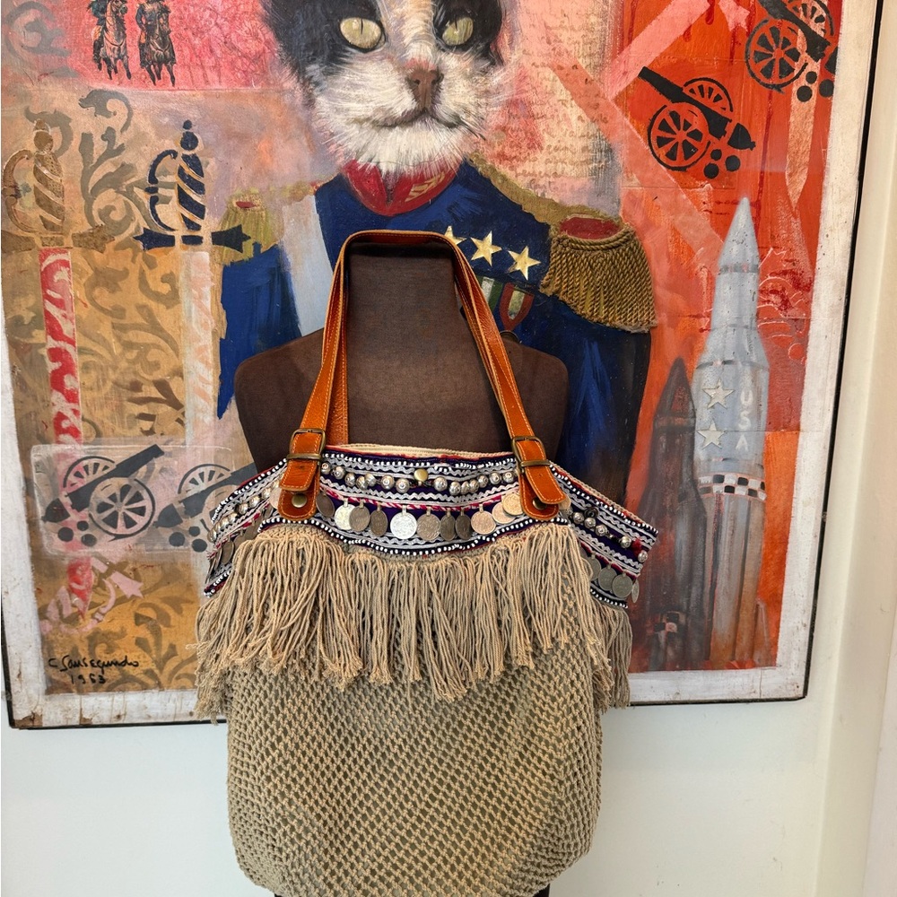Elliot Mann vintage crochet coin leather beads studs and fringes Boho tote-EC